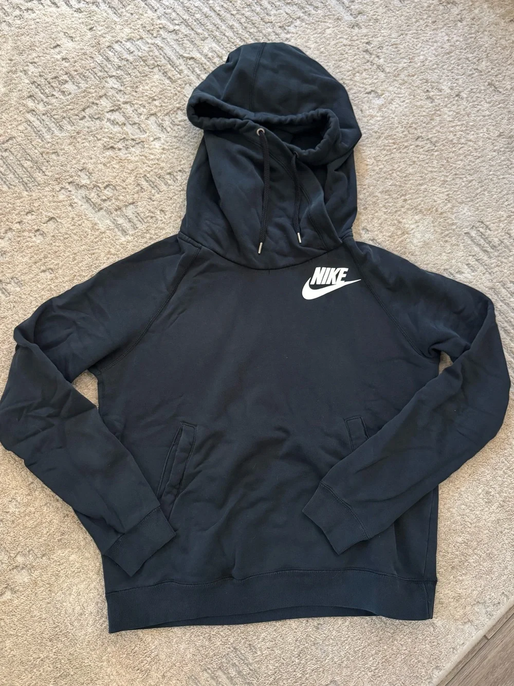 Nike Women’s Black Funnel Neck Hoodie Sweatshirt with White Logo Size M